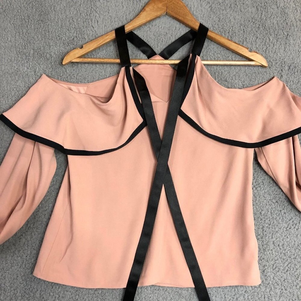 Alexis Malia Dusty Pink Cold Shoulder Choker Blouse Ribbon Tie XS‎ Designer - Picture 6 of 12